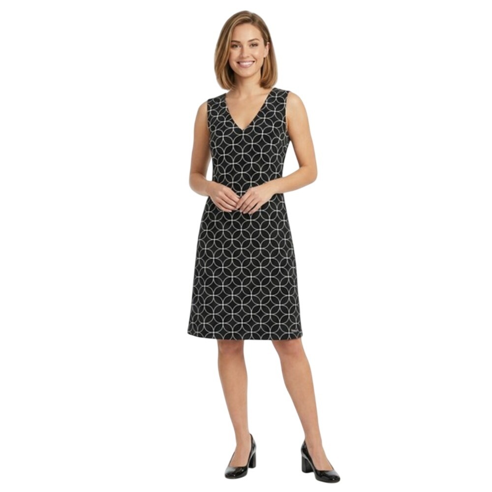 Ann Taylor Navy White Geometric Print Sleeveless Sheath Dress Career Size 4